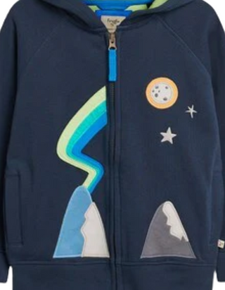 Frugi Boy's Long Sleeve Zip Up Luka Embroidered Hoodie in Indigo/Mountains