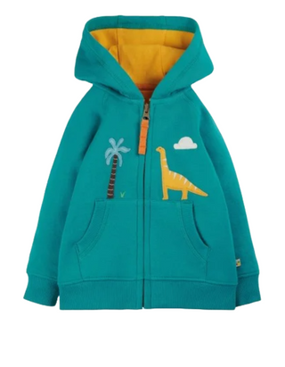 Frugi Kids Dinosaurs Hayle Applqiue Hoodie in Camper Blue