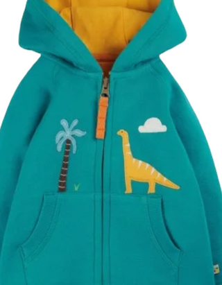 Frugi Kids Dinosaurs Hayle Applqiue Hoodie in Camper Blue