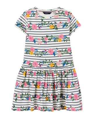 Joules Girl's Short Sleeve Harbour Print Jersey Breton Dress in White