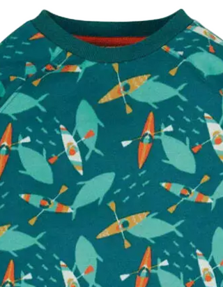 Frugi Boy's Long Sleeve Rex Printed Sweatshirt in Teal/Sharking Around