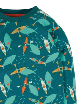 Frugi Boy's Long Sleeve Rex Printed Sweatshirt in Teal/Sharking Around