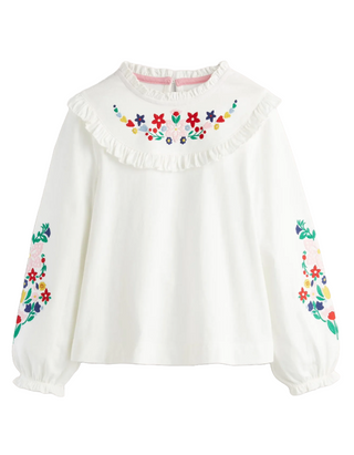 Mini Boden Girl's Embroidered Frilly Top in Ivory