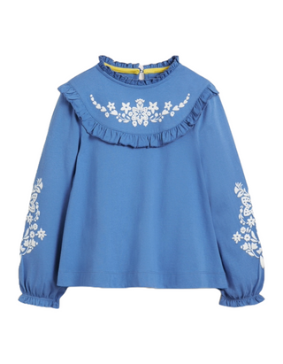 Mini Boden Girl's Embroidered Frilly Top Iin Elizabethan Blue