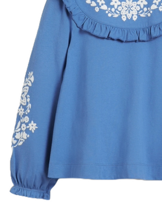 Mini Boden Girl's Embroidered Frilly Top Iin Elizabethan Blue