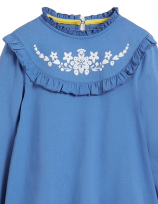 Mini Boden Girl's Embroidered Frilly Top Iin Elizabethan Blue