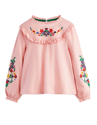 Mini Boden Girl's Embroidered Frilly Top in Boto Pink