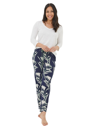 Women's Eva Spring Blooms Jersey Pyjamas in Navy