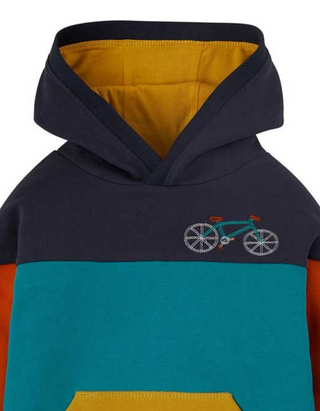 Frugi Boy's Long Sleeve Pullover Ben Colour Block Embroidered Hoodie in Multicolour