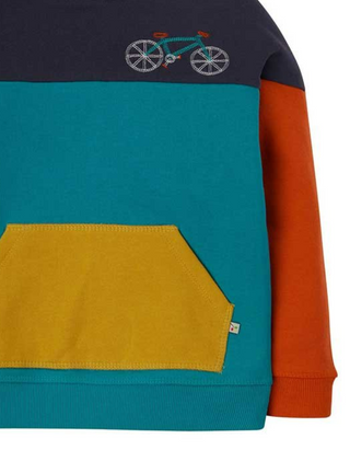 Frugi Boy's Long Sleeve Pullover Ben Colour Block Embroidered Hoodie in Multicolour