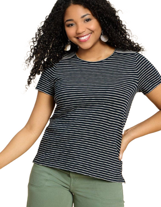 Women's Abbie Embroidered Stripe Tee in Navy Ivory Multi