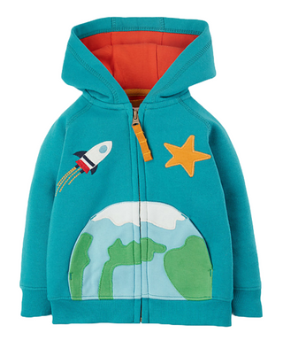 Frugi Kids Helford Rocket and Star Hoody in Camper Blue/Space Planet (Slightly Defect)