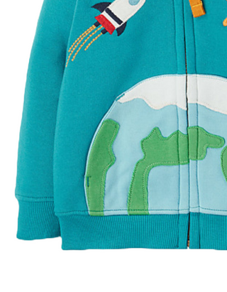 Frugi Kids Helford Rocket and Star Hoody in Camper Blue/Space Planet (Slightly Defect)