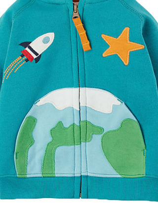 Frugi Kids Helford Rocket and Star Hoody in Camper Blue/Space Planet (Slightly Defect)