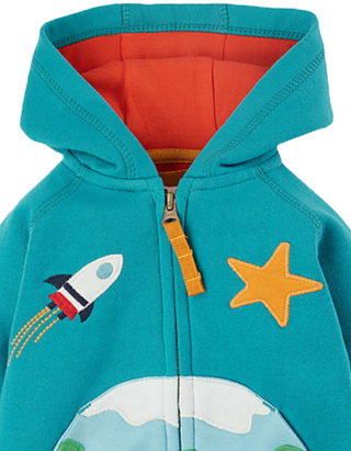 Frugi Kids Helford Rocket and Star Hoody in Camper Blue/Space Planet (Slightly Defect)