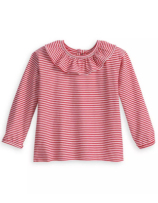 Mini Boden Girl's Long Sleeve Ruffle Neck Stripe T-shirt - Ivory/Red