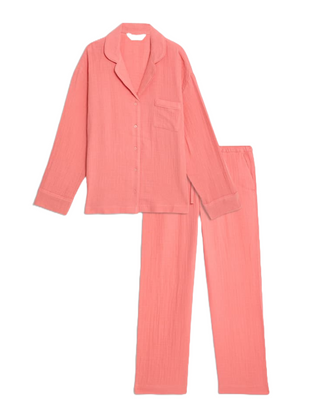 Women's Pure Cotton Dobby Muslin Pyjama Set in Medium Coral