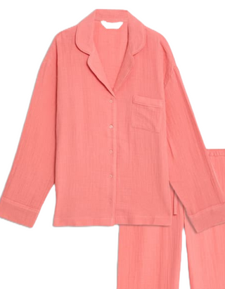 Women's Pure Cotton Dobby Muslin Pyjama Set in Medium Coral