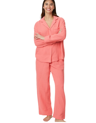 Women's Pure Cotton Dobby Muslin Pyjama Set in Medium Coral