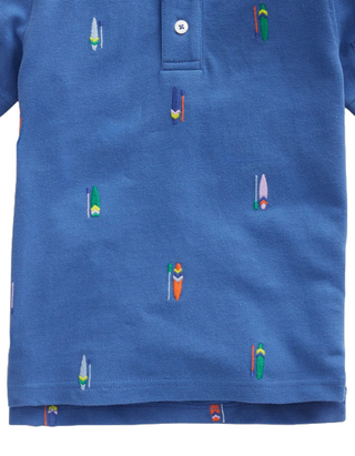 Mini Boden Boy's Embroidered Pique Polo Shirt in Blue Paddle Boards