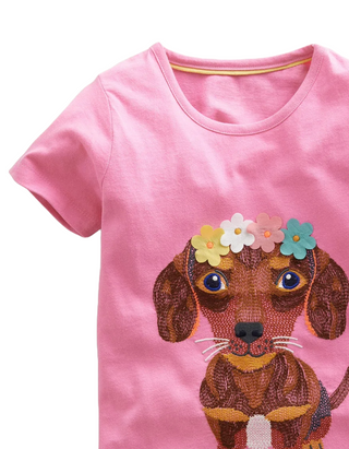 Mini Boden Girl's Superstitch Logo T-Shirt in Cameo Pink Puppy (Slightly Defect)