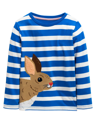 Mini Boden Girls Big Applique Striped T-shirt in Moroccan Blue/ Ivory Rabbit