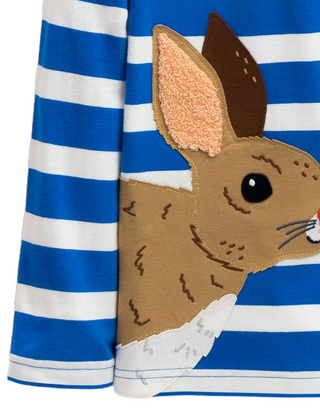 Mini Boden Girls Big Applique Striped T-shirt in Moroccan Blue/ Ivory Rabbit