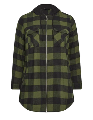 Women's Curve Hooded Check Shirt in Khaki Green