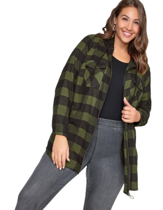 Women's Curve Hooded Check Shirt in Khaki Green