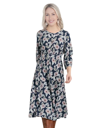 Women’s ¾ Sleeve Jersey Cotton Dress in Tideway Hellebore Outline Mar