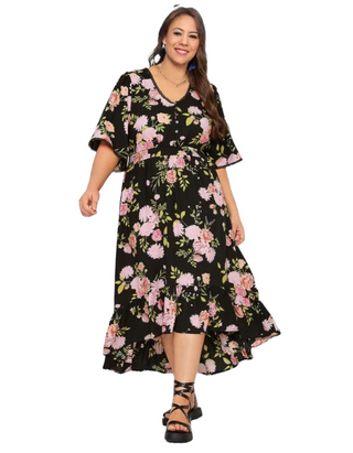 Women's Curve  Plus Size Floral Maxi Dress in Black