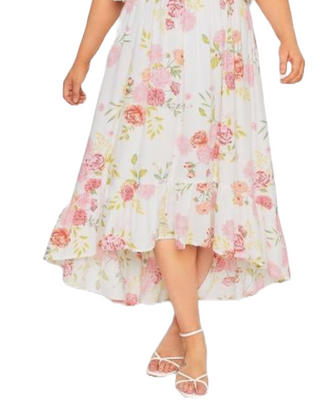 Women's Curve Floral Print Dipped Hem Midi Dress in White