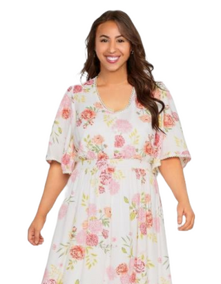 Women's Curve Floral Print Dipped Hem Midi Dress in White