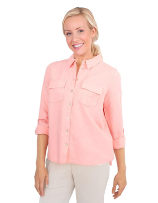 Women's Linen Blend Chect Pocket Relaxed Shirt in Pink