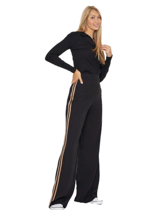 Women's Black & Beige Side Stripe Wide Leg Trousers in Black