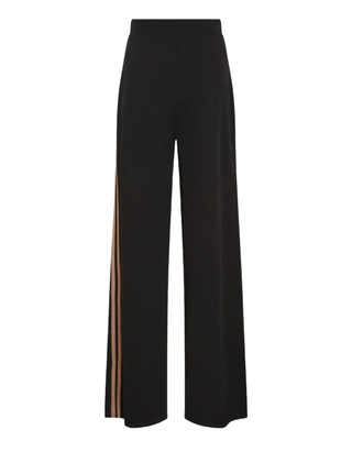 Women's Black & Beige Side Stripe Wide Leg Trousers in Black