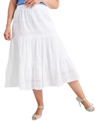 Women's Broderie Tiered Midi Skirt in White