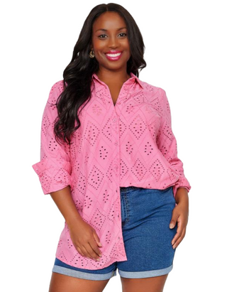 Women's Curve Plus Size Broderie Anglaise Shirt in Pink