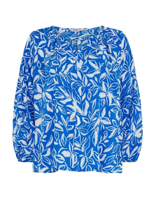 Women's Curve Plus Size Floral Print Balloon Sleeve Blouse in Blue