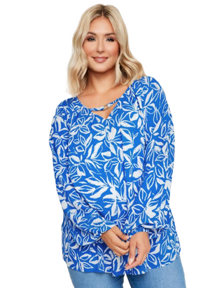 Women's Curve Plus Size Floral Print Balloon Sleeve Blouse in Blue