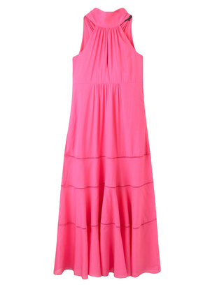 Women's Cotton Voile Halterneck Full-Length Dress in Pink