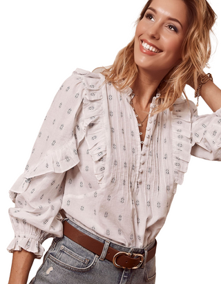 Women's Pintuck Jacquard White Blouse in White Ivory (IMPERFECT)