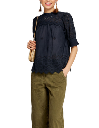 Women's Cotton Broderie Anglaise Blouse in Navy