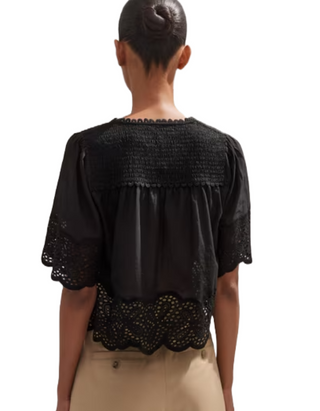 Women's Cotton Lace Flower Broderie Blouse in Black (IMPERFECT)