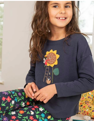 Frugi Girl's Sunflower Bethany Applique Top in Navy