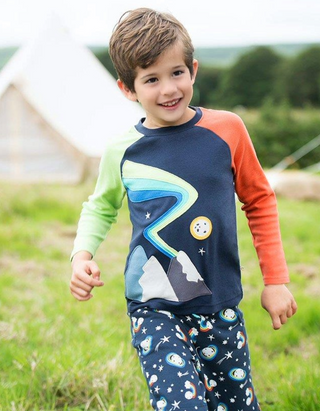 Frugi Boy's Applique Alfie Raglan Top in Indigo/Northern Lights