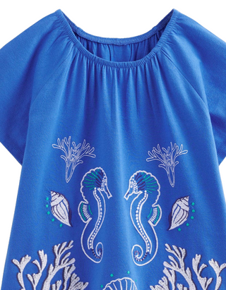 Mini Boden Girl's Relaxed Waist Jersey Dress in Cabana Blue