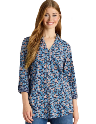 Women's Annie Longline Floral Printed Cotton Shirt in Navy Mix