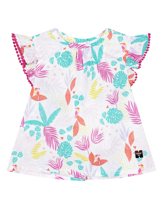 Carrement Beau Girls' Tropical Print Embroidery Flounces Top in White Mix
