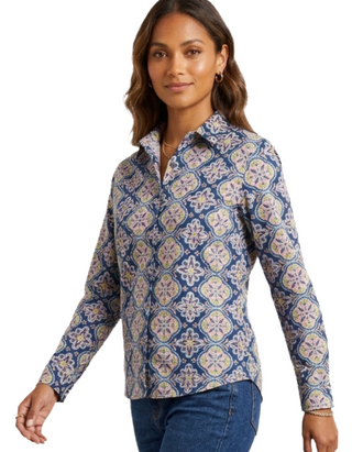 Women's Long Sleeve Tile Printed Jersey Shirt in Navy Mix